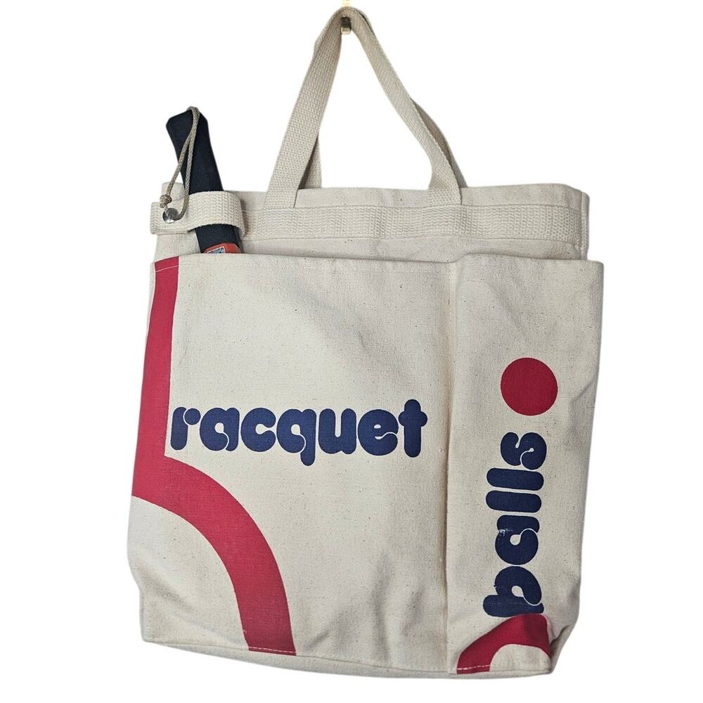 Vintage 70s Racquet Pickle Tennis Ball Tote Bag Canvas Cotton Sport Retro